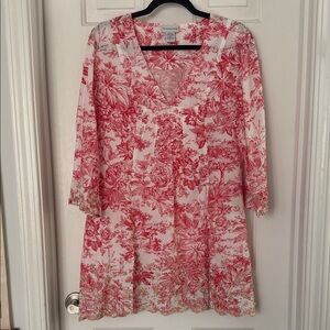 Soft Surroundings Red and White toile tunic cover up medium 100% cotton